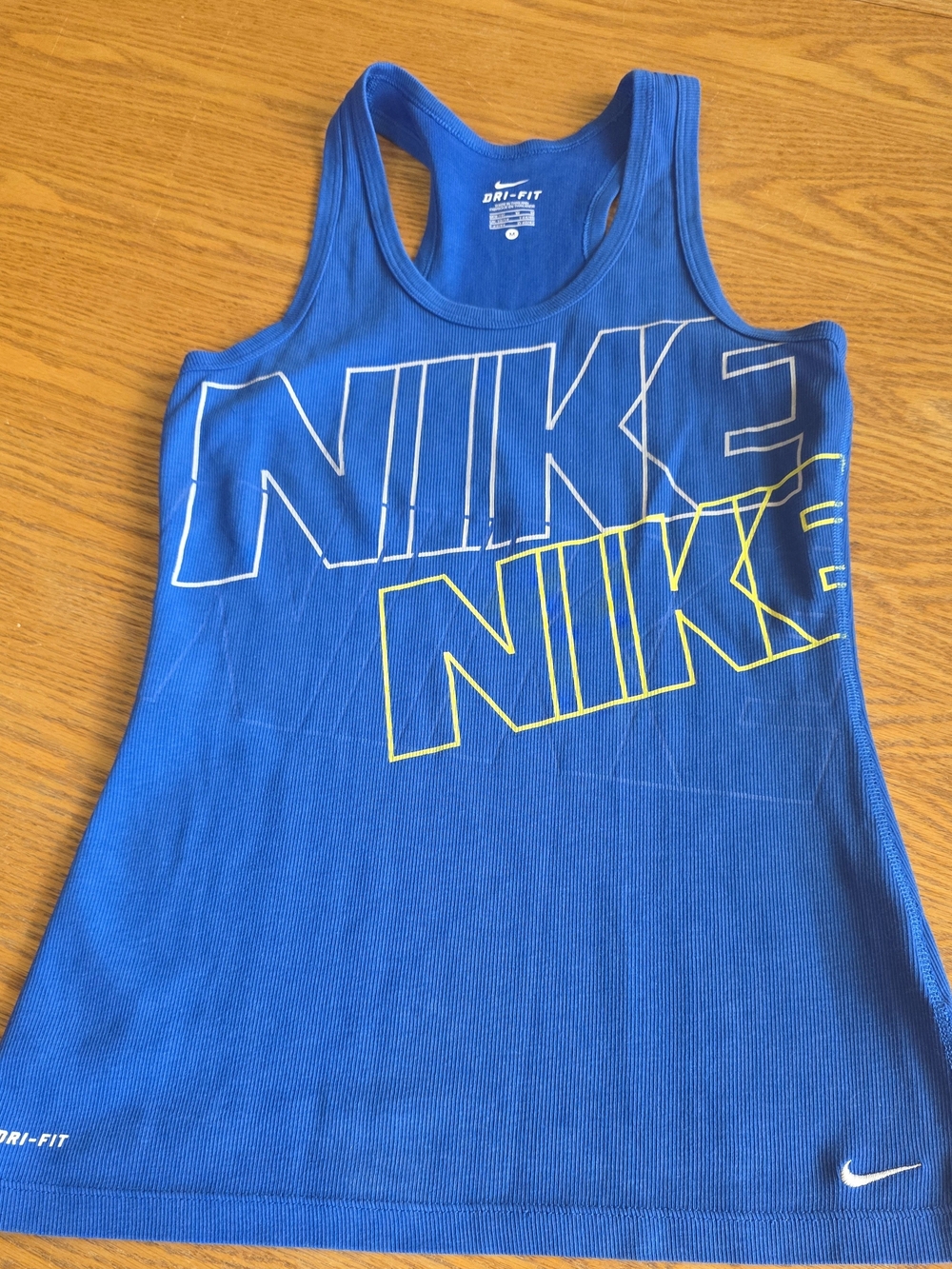 Nike Dri-FIT Ribbed Racerback Tank Top Blue Graphic Athletic Shirt Women’s Med